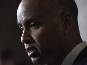 Minister of Immigration, Refugees and Citizenship Ahmed Hussen makes an announcement on medical inadmissibility in the Foyer of the House of Commons on Parliament Hill in Ottawa on Monday, April 16, 2018.