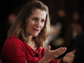 Chrystia Freeland, Minister of Foreign Affairs, participates in a question and answer session with Sean Finn, CN Executive Vice-President, Corporate Services and Chief Legal Officer, at a Winnipeg Chamber of Commerce luncheon in Winnipeg, Wednesday, April 4, 2018.