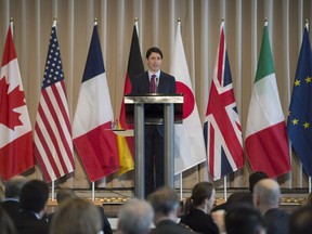 Prime Minister Justin Trudeau speaks at the GBC Resource Efficiency Workshop B7, as part of the G7 meeting, Thursday, April 5, 2018 in Quebec City.