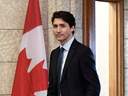 Prime Minister Justin Trudeau leaves his office to attend an emergency cabinet meeting on April 10, 2018.