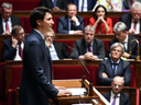 Prime Minister Justin Trudeau speaks at the French National Assembly in Paris, on April 17, 2018, as part of his two-day official visit to France.