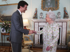 Prime Minister Justin Trudeau is greeted by Queen Elizabeth II during a private audience at Buckingham Palace in London on April 18, 2018.