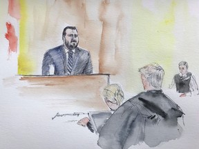 In this artist's sketch, Nicholas Butcher, testifies in a Halifax courtroom on Thursday, April 19, 2018. Nicholas Butcher has taken the stand in his own defence at his second-degree murder trial in the death of Halifax yoga instructor Kristin Johnston.