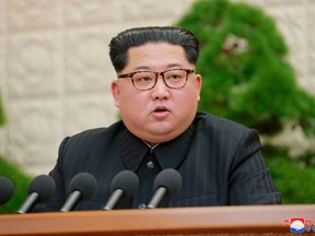 In this Friday, April 20, 2018, photo provided by the North Korean government, North Korean leader Kim Jong Un speaks during a meeting of the Central Committee of the Workers' Party of Korea, in Pyongyang, North Korea.