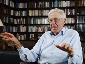FILE - In this May 22, 2012, file photo, Charles Koch speaks in his office at Koch Industries in Wichita, Kan. A sure sign of policy success for the sprawling conservative network funded by the billionaire Koch brothers is Democratic pushback. With regulations being rolled back and huge tax cuts, Democrats question how far the Koch network's influence extends.