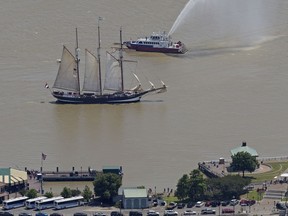 The Oosterschelde, a three-masted schooner from the Netherlands, makes its way up the Mississippi River past the French Quarter in New Orleans, La., Thursday, April 19, 2018. The ship is one of four tall ships which will dock in New Orleans as part of the  300th anniversary celebration of the city in tandem with Nola Navy Week. Visitors will be able to tour the ships this weekend.