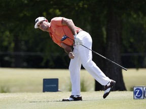 Bill Horschel reacts after hitting off the seventh tee during the final round of the PGA Zurich Classic golf tournament's two-man team format at TPC Louisiana in Avondale, La., Sunday, April 29, 2018. Horschel and teammate Scott Piercy defeated Pat Perez and Jason Dufner.