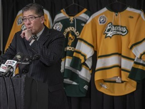 Bill Chow, President of the SJHL, speaks during a press conference at the Elgar Petersen Arena in Humboldt, Sask., on Saturday, April 7, 2018. The president of the Saskatchewan Junior Hockey League says a decision on what to do with the SJHL championship has yet to be made following Friday's deadly collision between a truck and a bus that was carrying the Humboldt Broncos team. Bill Chow says he expects word on how the league intends to handle the final will come within the next few days.