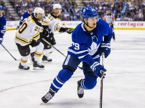 Toronto Maple Leafs William Nylander controls the puck against the Boston Bruins on April 16.