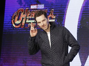 Actor Benedict Cumberbatch gestures upon his arrival for a press conference for the movie "Avengers: Infinity War" in Seoul, South Korea, Thursday, April 12, 2018. The movie is to be released in South Korea on April 25.