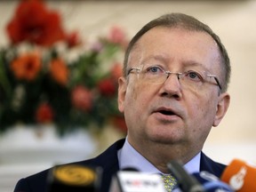 Russian Ambassador Alexander Yakovenko speaks at a press conference at his residence in London, Friday, April 13, 2018.