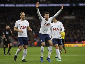 Tottenham's Dele Alli dances as he celebrates scoring a goal during the English Premier League soccer match between Tottenham Hotspur and Watford at Wembley stadium in London, Monday, April 30, 2018.