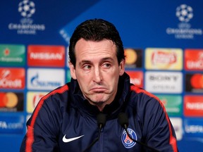 FILE - In this Monday, March 5, 2018 file photo, PSG's head coach Unai Emery attends a press conference before their Champions League Round of 16 second leg soccer match Real Madrid at the Parc des Princes stadium, in Paris. Paris Saint-Germain coach Unai Emery is leaving at the end of the season, the latest to pay the price for failing to lead the team to the European glory it so craves. Emery joined PSG from Sevilla two years ago on a two-year contract, which will not be extended. He addressed the players before training on Friday, April 27, 2018.