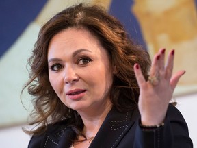 FILE - In this Sunday, April 22, 2018 file photo, Russian lawyer Natalia Veselnitskaya speaks during an interview with The Associated Press in Moscow, Russia. An organization established by an exiled Russian tycoon says it has obtained emails showing close connection between government officials and the Russian lawyer who took part in a 2016 meeting with Donald Trump's son and his then-campaign chairman. The emails suggest that Natalia Veselnitskaya worked closely with a top official in Russia's Prosecutor-General's office to fend off a US fraud case against her client, according to the Dossier organization.