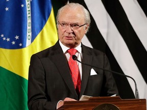 FILE - In this Monday, April 3, 2017 file photo, King Carl Gustaf of Sweden speaks during a meeting with Brazilian and Swedish businessmen, in Sao Paulo, Brazil. Sweden's king on Wednesday, April 11, 2018 the resignation of three members from the Swedish Academy awarding the Nobel Literature Prize is "deeply unfortunate and risk seriously damaging" the body's "important activities."