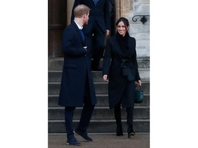 FILE - In this Thursday, Jan.18, 2018 file photo, Britain's Prince Harry and his fiancee Meghan Markle leave after a visit to Cardiff Castle in Cardiff, Wales. When Meghan wore The Dina style jean from the Hiut Denim Company, there was worldwide publicity about a firm in Wales which started to re-employ workers displaced when the local factory closed.