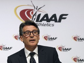 FILE - In this June 17, 2016 file photo, IAAF President Sebastian Coe speaks during a news conference after a meeting of the IAAF Council at the Grand Hotel in Vienna, Austria. From Nov. 1, 2018 the IAAF will limit entry for all international events from 400 meters through the mile to women with testosterone levels below a specified level.
