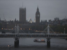 FILE - This Monday, Nov. 11, 2013 file photo, shows a view of central London's skyline by the river Thames. Hungerford Bridge, foreground, Big Ben's clock tower and Houses of Parliament, left. The Metropolitan Police said Monday April 2, 2018, the homicide rate in London has increased each month so far this year as the British capital suffers from an increase in knife-related crime.