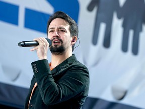 FILE - In this file photo dated Saturday, March 24, 2018, Lin-Manuel Miranda performs in support of gun control in Washington, USA.  Lin-Manuel Miranda's musical about U.S. founding father Alexander Hamilton is nominated in 13 categories, including best new musical, for the UK Olivier Awards to be announced later Sunday April 8, 2018, at London's Royal Albert Hall in London.