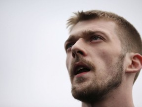 Tom Evans speaks to members of the media, outside Liverpool's Alder Hey Children's Hospital where his 23-month-old son, Alfie, has been at the centre of a life-support treatment fight, in Liverpool, England, Tuesday April 24, 2018.  The European Court of Human Rights on Monday rejected a case from British parents who want to take their terminally ill toddler to Italy for treatment instead of allowing a U.K. hospital to remove him from life support.