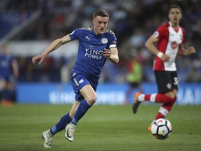 Leicester City's Jamie Vardy chases the ball during the English Premier League soccer match between Leicester and Southampton, at the King Power Stadium, in Leicester, England, Thursday April 19, 2018.