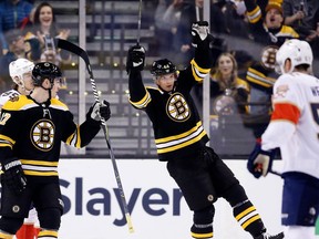 Boston Bruins' Nick Holden (44) celebrates his goal with teammate Ryan Donato (17) during the first period of an NHL hockey game against the Florida Panthers in Boston, Saturday, March 31, 2018. The Bruins won 5-1.
