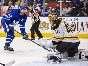 Maple Leafs forward Patrick Marleau beats Bruins goalie Tuukka Rask during Game 3 at the Air Canada Centre in Toronto Monday, April 16, 2018. (Ernest Doroszuk/Toronto Sun)
