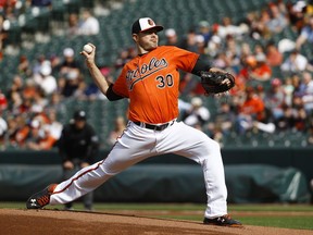 Baltimore Orioles starting pitcher Chris Tillman throws to the Cleveland Indians in the first inning of a baseball game, Saturday, April 21, 2018, in Baltimore.