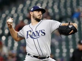 Tampa Bay Rays starting pitcher Jacob Faria throws to the Baltimore Orioles during the first inning of a baseball game Wednesday, April 25, 2018, in Baltimore.