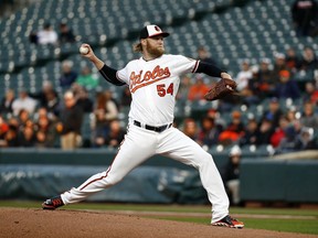 Baltimore Orioles starting pitcher Andrew Cashner throws to a Toronto Blue Jays batter during the first inning of a baseball game Tuesday, April 10, 2018, in Baltimore.