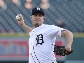 Detroit Tigers starting pitcher Jordan Zimmermann throws during the first inning of a baseball game against the Tampa Bay Rays, Monday, April 30, 2018, in Detroit.