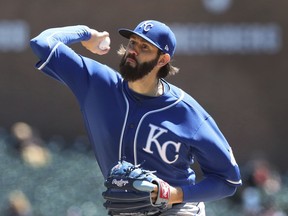 Kansas City Royals starting pitcher Jason Hammel throws during the second inning of the first game of a baseball doubleheader against the Detroit Tigers, Friday, April 20, 2018, in Detroit.