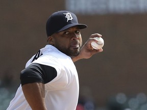 Detroit Tigers starting pitcher Francisco Liriano throws during the third inning of a baseball game against the Kansas City Royals, Monday, April 2, 2018, in Detroit.