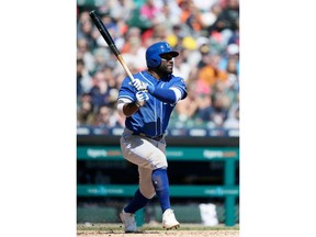 Kansas City Royals' Abraham Almonte hits a grand slam against the Detroit Tigers during the sixth inning of a baseball game Sunday, April 22, 2018, in Detroit.