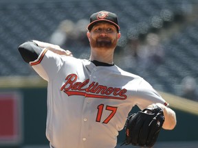Baltimore Orioles pitcher Alex Cobb throws against the Detroit Tigers in the first inning of a baseball game in Detroit, Thursday, April 19, 2018.
