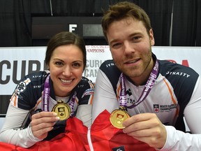 Laura Crocker and Kirk Muyres after the 2018 Canadian mixed doubles curling championship on April 1, 2018. The pair have advanced to the playoff round at the world championship in Sweden with a 6-1 record in group play.