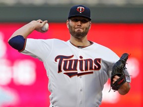 Minnesota Twins pitcher Lance Lynn throws against the Toronto Blue Jays in the first inning of a baseball game Monday, April 30, 2018, in Minneapolis.