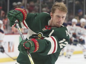 In this April 2, 2018, photo, Minnesota Wild's Eric Staal warms up before an NHL hockey game against the Edmonton Oilers in St. Paul, Minn. Last week, Staal hit the 40-goal mark, joining the great Gordie Howe as the only players in NHL history to post 40-goal seasons at least nine years apart with none in between.
