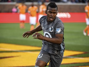 Minnesota United midfielder Darwin Quintero reacts after scoring a goal off a penalty kick against the Houston Dynamo in the first half of an MLS soccer game Saturday, April 28, 2018, in Minneapolis.