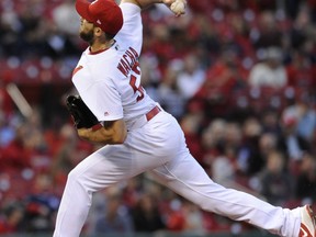 St. Louis Cardinals' starting pitcher Michael Wacha throws against the Cincinnati Reds in the first inning of a baseball game, Friday, April 20, 2018, at Busch Stadium in St. Louis.