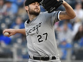 Chicago White Sox starting pitcher Lucas Giolito throws in the first inning during the team's baseball game against the Kansas City Royals on Thursday, April 26, 2018, in Kansas City, Mo.