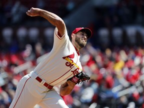 St. Louis Cardinals starting pitcher Michael Wacha throws during the second inning of a baseball game against the Arizona Diamondbacks Saturday, April 7, 2018, in St. Louis.