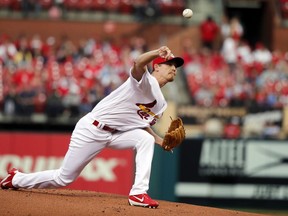 St. Louis Cardinals starting pitcher Luke Weaver throws during the first inning of the team's baseball game against the New York Mets on Tuesday, April 24, 2018, in St. Louis.
