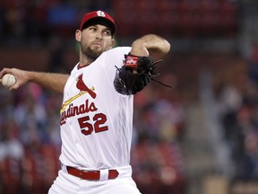 St. Louis Cardinals starting pitcher Michael Wacha throws during the first inning of the team's baseball game against the New York Mets on Wednesday, April 25, 2018, in St. Louis.