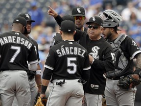 Chicago White Sox manager Rick Renteria (17) calls for new pitcher during the fifth inning of a baseball game against the Kansas City Royals at Kauffman Stadium in Kansas City, Mo., Sunday, April 29, 2018.