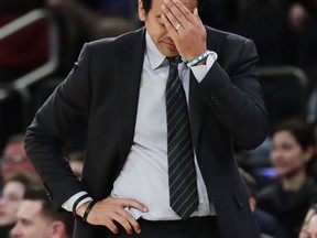 Miami Heat coach Erik Spoelstra reacts during the first half of the team's NBA basketball game against the New York Knicks on Friday, April 6, 2018, in New York.