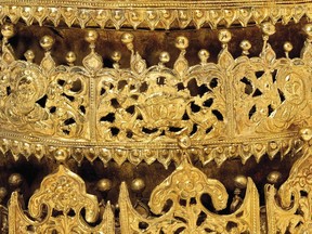 This undated photo shows a detail of a gold and gilded-copper crown with glass beads from Ethiopia, estimated to be from around 1740, which is part of the "Maqdala 1868" exhibit at London's Victoria and Albert Museum.