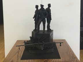 FILE - In this March 12, 2018 file photo, a model of the "Project Zebra" memorial stands in the Arts of the Albemarle building in Elizabeth City, N.C.  The monument to Russian soldiers killed while training in the United States during World War II may still find a home in America even after a North Carolina city rejected it because of tensions between the two countries.