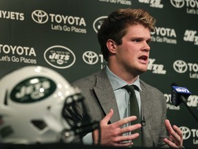Sam Darnold answers questions during a news conference, Friday, April 27, 2018, in Florham Park, N.J. Darnold was selected No. 3 overall by the New York Jets in the NFL football draft.
