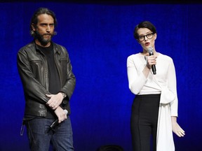 Fede Alvarez, left, director/co-writer of the upcoming film "The Girl in the Spider's Web," and star Claire Foy discuss the film onstage during the Sony Pictures Entertainment presentation at CinemaCon 2018, the official convention of the National Association of Theatre Owners, at Caesars Palace on Monday, April 23, 2018, in Las Vegas.